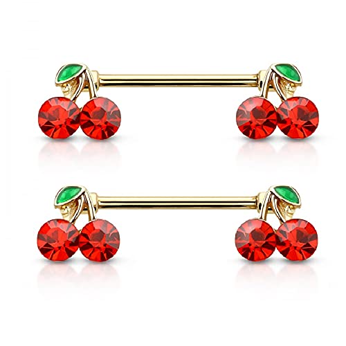 Pierced Owl 14GA 316L Stainless Steel Lucky Double CZ Cherry Ends Nipple Barbells, Sold as a Pair