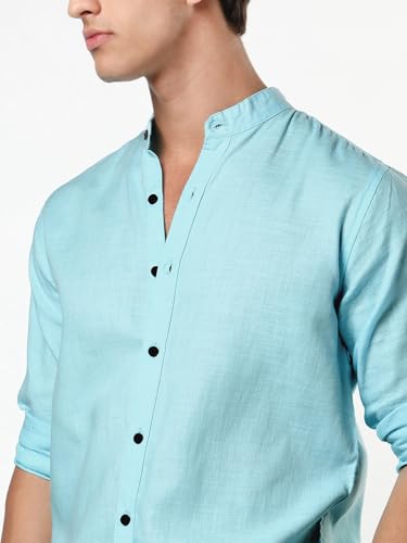 Image of Urbano Fashion Men's Linen Blend Full Sleeve Relaxed Fit Mandarin Collar Casual Solid Shirt