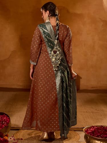 Image of Naixa Women's Silk Embroidered Printed A-Line Kurta with Pant | Dark Green Viscose Jacquard Dupatta Set | 3 /4 Sleeve | Notch Neck | Festive (Available in Plus Size)