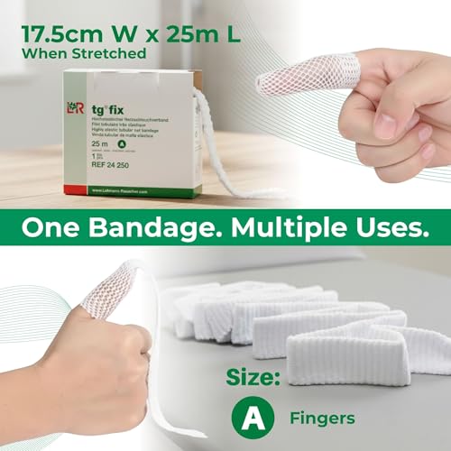 Image of Lohmann & Rauscher tg Fix Net Tubular Bandage, Elastic Net Wound Dressing, Bandage Retainer for Fingers, Size A (17.5cm Wide x 25m Long When Stretched)