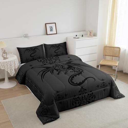 Image of Feelyou Dragon Bedding Set Kids Boys Teens Gothic Damask Paisley Floral Comforter Set Full Size Women Bohemian Exotic Duvet Insert Animal Theme Room Decor,Grey Black