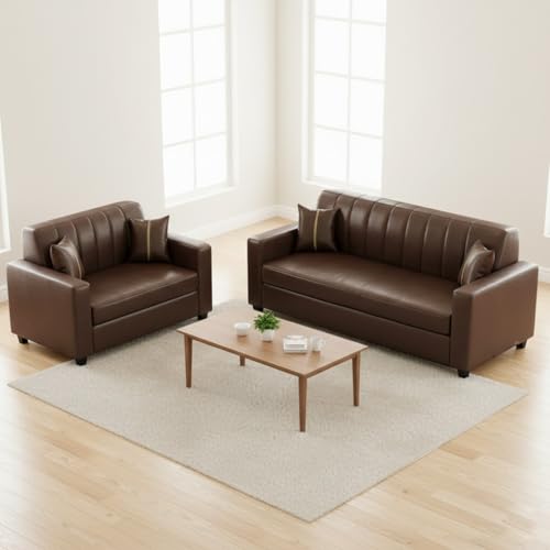 FURNY Cosmos 5 Seater Leatherette 3+2 Sofa Set (Brown) Premium Finish | Durable Comfort | Ideal for Living Room