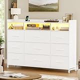 Mossora Kommode mit Ladestation und LED-Beleuchtung, TV-Kommode mit 9 Stoffschublade, Aufbewahrungsschrank mit Holzplatte für Schlafzimmer, Wohnzimmer, Flur, Weiß