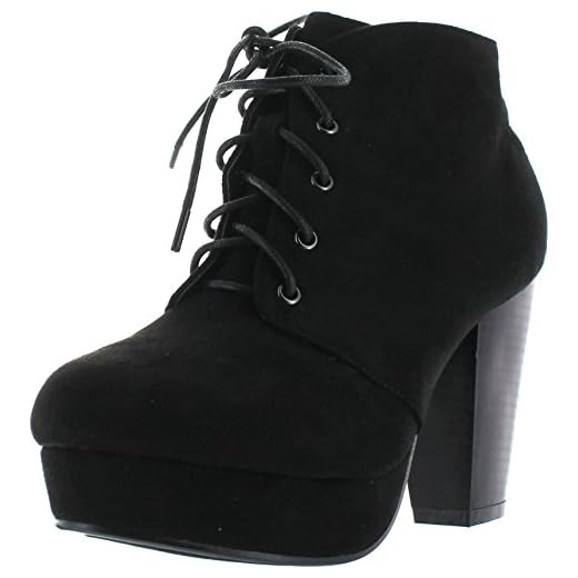 Forever Camille-86 Women's Comfort Stacked Chunky Heel Lace Up Ankle Booties,Black,6.5