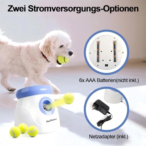Pet Prime Automatischer Ballwerfer, Hunde Ball Interaktive Ballwurfmaschine, 3 Tennisbälle Inkl, Interaktive Ballmaschine für kleine und mittlere Hunde - Wurfweite 3-9 Meter, Mini Style(Weiß)