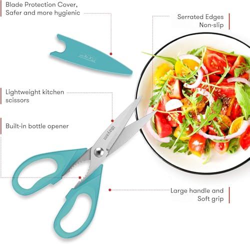Image of Small Kitchen Scissors 8-inch, iBayam 2 Pack Kitchen Shears All Purpose Meat Scissors Poultry Shears, Dishwasher Safe Food Cooking Scissors Heavy Duty Stainless Steel Utility (Black, Aqua Sky)