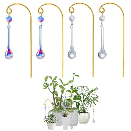 Potted Plant Trellis with Colorful Crystal Sun Catchers, 6.7 Inch Metal Plant Stakes, Fairy Stakes for Mini Potted Plant Decoration for Home Window Garden (4 Pack)