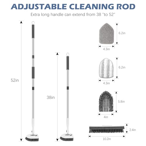 Image of SetSail 4-in-1 Tile Tub Floor Scrubber with 52-inch Long Adjustable Handle Shower Cleaner Brush with V-Shaped Grout Brush and 3 Replacement Brush Heads for Bathroom Kitchen Walls Tub Tile, White Grey