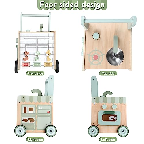 Asweets 8 in 1 Wooden Play Kitchen Baby Walker Push and Pull Learning Activity Walker for Boys and Girls with Bakery Kitchen,Shape Sorter and Movable Slider - Thumbnail 5