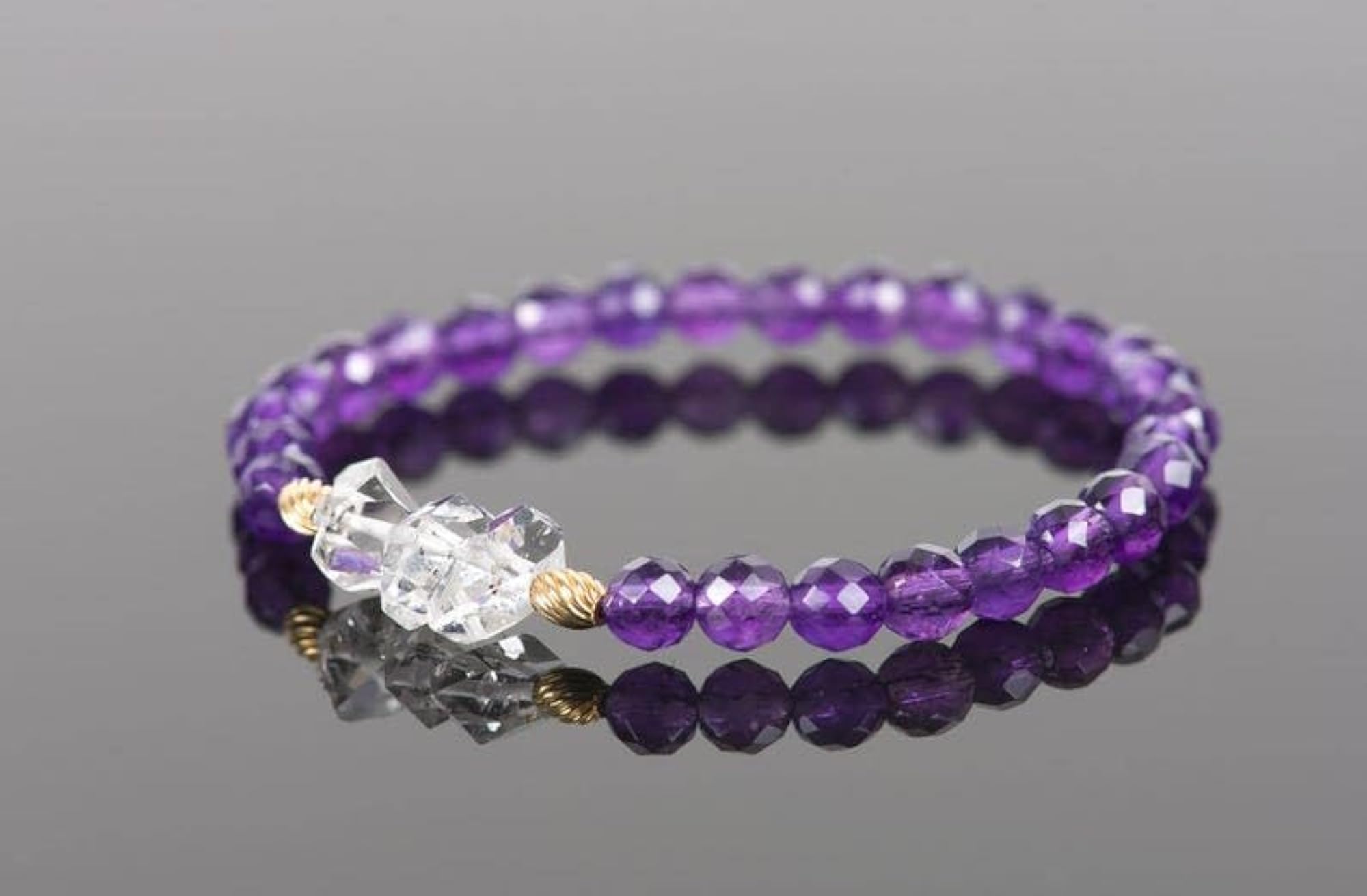 Natural Amethyst & Herkimer Diamond Gemstone Stretch Bracelet, Unisex