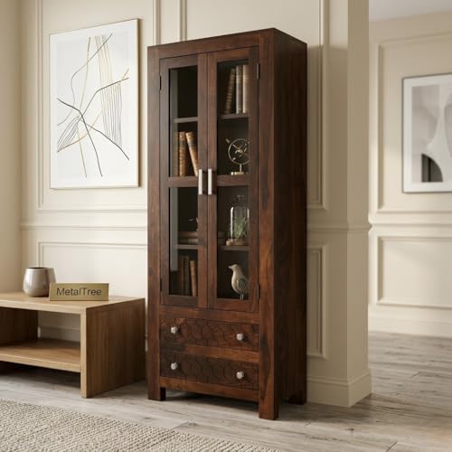 Image of Sheesham Wood Bookcases with 4 Shelves 2 Drawer - Wooden Kitchen Crockery Cabinet for Dining Room Kitchen with Glass Door Book Shelf Wooden Rack for Living Room (James Walnut)