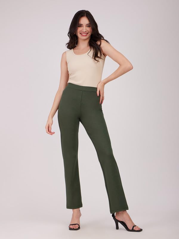 Image of FableStreet Women's Bootcut Stretch Livin Trousers | Nylon Rayon with Mid-Rise Waist | Solid Pattern & Plain Weave Fabric | Office Wear & Business Meetings