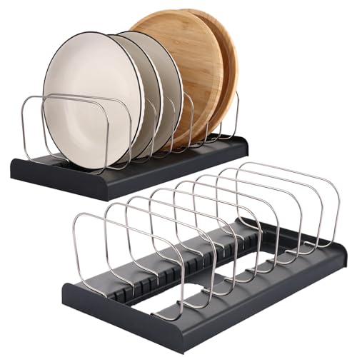 AKOLAFE 2 Pack Adjustable Baking Tray Rack, Kitchen Drawer Organiser with 7 Dividers for Pans, Pots, Lids & Chopping Board Storage, Anthracite