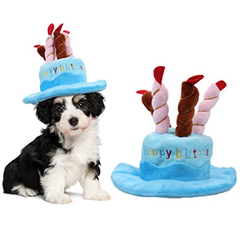 OWUDE Haustier Geburtstag Hut, Cute Dog Geburtstag Hut mit Kuchen & Kerzen Design für Katzen und Welpen Party Kostüm Zubehör (blau)