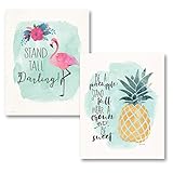 Tropical Inspirational Watercolor Flamingo and Pineapple 