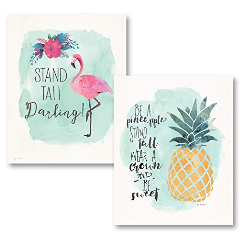 Gango Home Décor Tropical Inspirational Watercolor Flamingo Pineapple Be A Pineapple: Stand Tall, Wear A Crown Be Sweet Stand Tall Darling Set; Two 11x14in Unframed Paper Poster Prints