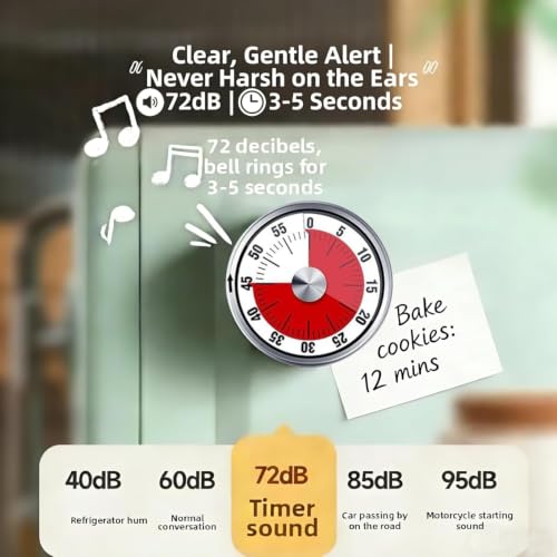 Image of Bramani 60‑Minute Mechanical Kitchen Timer - Magnetic Stainless‑Steel Visual Countdown Clock with Loud Alarm, Battery‑Free Wind‑Up Design - Perfect for Cooking, Study, Office & Classroom (White)