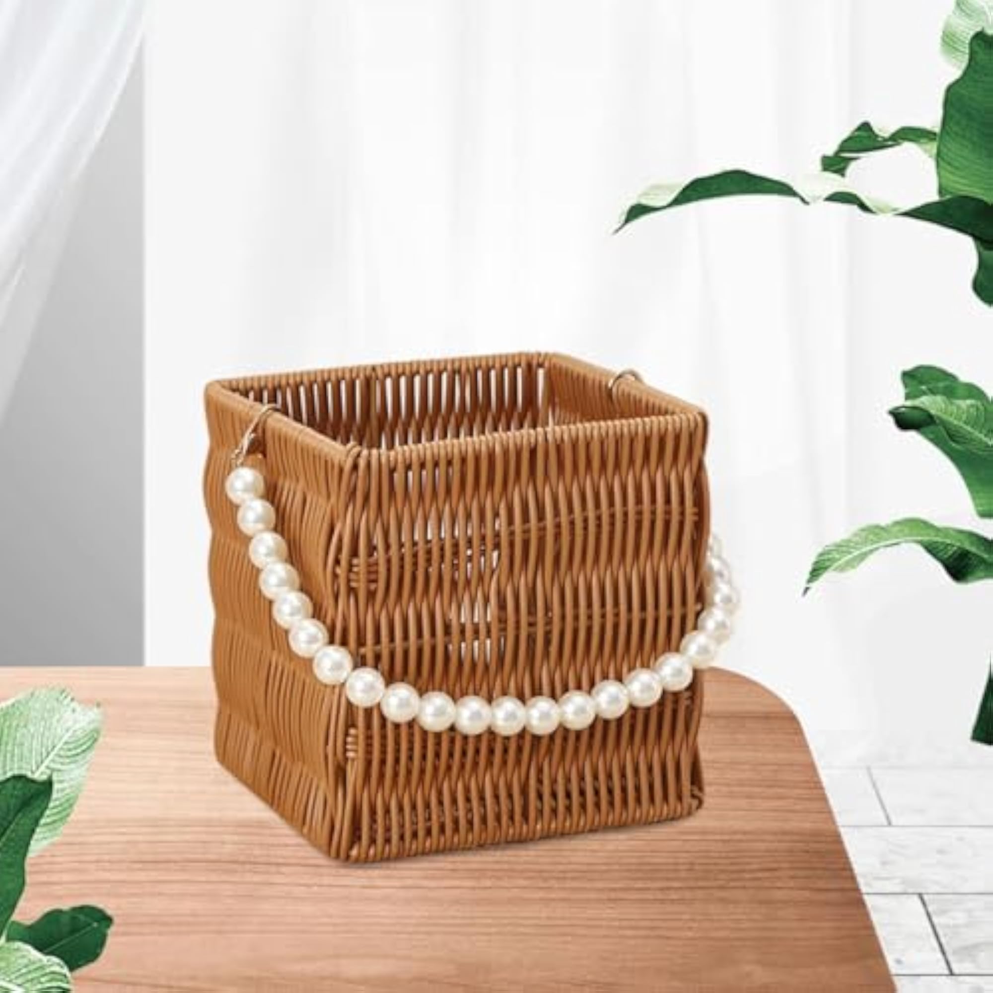 Imitation Rattan Flower Basket with Pearl Handle