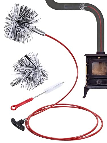 Feekoon Pellet Stove Cleaning Kit, 10 FT Flexible Steel Rod with 3" & 4" Brush Head, Flue Detail Cleaner, Pellet Stove Accessories for Vent Pipes Cleaning - Reduce Buildup & Improve Airflow