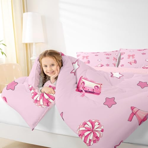 Image of Feelyou Cheer Comforter Set Full Size Cheerleader Bedding Set for Kids Boys Girls Pink Bow Duvet Quilt Bowknot Bedroom Decor Microfiber 3 Pcs with 2 Pillow Cases