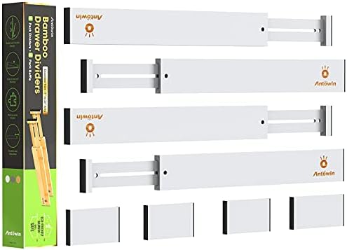 ANTOWIN 8PCS Bamboo Drawer Dividers, Drawer Separators Splitter, 43-56CM Long Adjustable Spring-loaded Organizer for Large Utensil, Clothes, Tools Drawers, 4 Pack Dividers + 4 Pack Baffle (white)