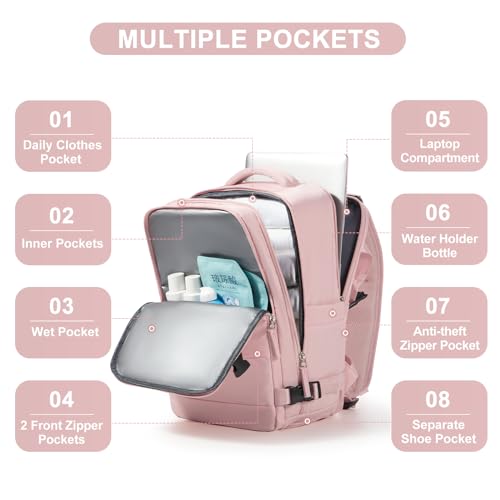 Image of Travel Backpack for Women Airline Approved Carry on Backpack for Airplanes Mochila De Viaje Personal Item Travel Bag Spirit Airlines Personal Item Bag 18x14x8 Backpack for Traveling on Airplane Pink