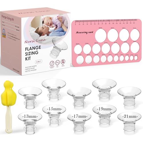 Image of Nursi Luna Flange Sizing Kit 3 in 1 Ultimate with 10PCS Flange Inserts 13/15/17/19/21mm, Nipple Ruler, Cleaning Brush, Silicone Flange Insert Kit for 24mm Most Pumps, Pumping Breastfeeding Essentials
