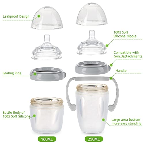haakaa Gen.3 Silicone Baby Bottle (8oz./250ml, Grey) - Bottles for Newborn Babies with Variable Flow Cross-cut Nipple, Anti Colic Bottles for Infant with Double Handles & Dust Cap, Milk Bottle for 6M+ - Image 3