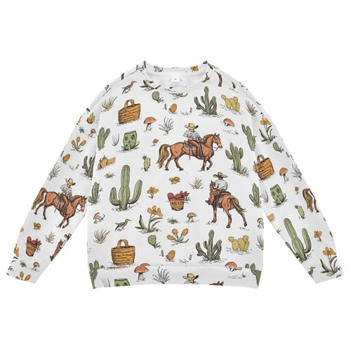 JUNZAN Western Cowboy Horse Cactus White Big Girls Pullover Hoodie Crewneck Hoodies for Girls Athletic 4T