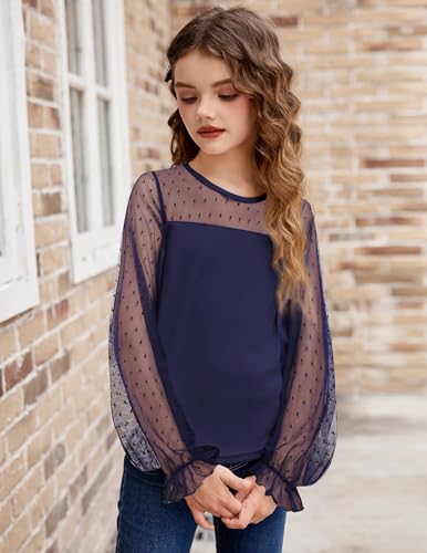 Arshiner Girls Long Sleeve Shirts with Sheer Puff Cute Lantern Sleeve Design Lady Style Swiss Dots Tops for Girls Blouse Tee3