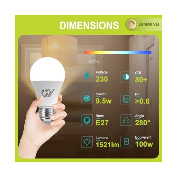 GY E27 LED Dimmbar Glühbirne, 9,5W 1521 Lumen Lampe, 100W Halogen Leuchtmittel ersetzt, Dimmbare Energiesparlampen, 3 stück – Bild 4