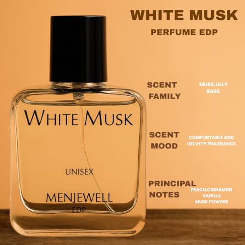 Image of Menjewell - White Musk,Unisex Long Lasting Eau De Parfum For Men and Women With Rose,Amber,Musk,Peach, Ideal for Everyday Use,Luxurious EDP Floral Fragrance,50ml