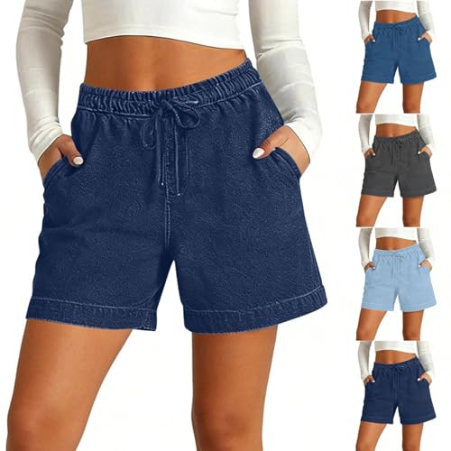Jean Shorts Womens Denim Bermuda Shorts Stretchy High Waisted Lightweight Summer 2026 Casual Baggy Pull on Trendy Drawstring Short