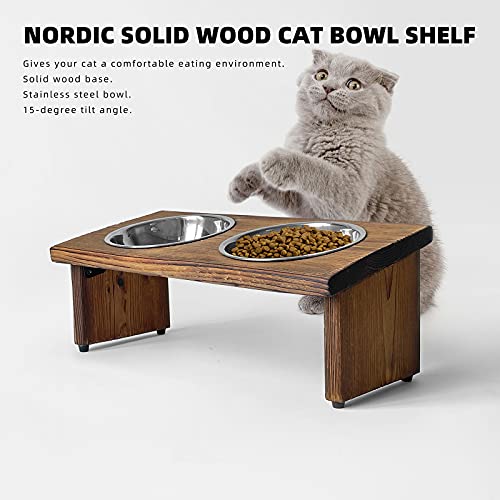 Raised Tilted Cat Bowl, Elevated Slanted Feeding Bowl For Cat And Dogs, Pet Food And Water Bowl With Adjustable Wooden Stand, Anti Slip Dog Cat Feeder With 2 Stainless Steel Bowls #TOP1