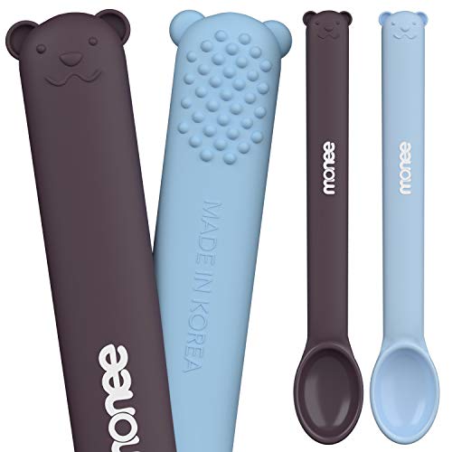 Korean Made Platinum Silicone 2 in 1 Baby Spoons with Teethers - Flip the handle for fast sensory relief while feeding