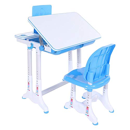 lyrlody Juego de Escritorio y Silla para Niños Inclinación Ajustable Mesa de Estudio para Infantil Pupitre del Hogar Colegio Mesa de Pintura Azul