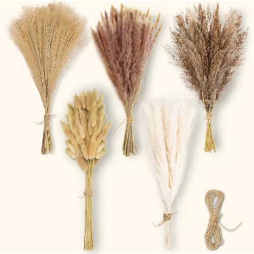 Qcdou Flores secas, 115 peças de decoração boémia de erva de pampa, fio de juta castanho natural de 10 m, de coelho seco naturalmente, flores secas decoração - C