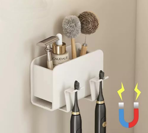 KAIXUANMAN マグネット 歯ブラシホルダー 電動歯ブラシスタンド マグネット 歯ブラシ立て 電動歯ブラシホルダー チューブスタンド ハミガキ 一括収納 多機能 バスルーム 浴室収納 2連 ホワイト