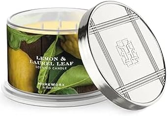 HomeWorx Lemon & Laurel Leaf Scented Candle 4 Wick 18 Oz Candle Notes of Garden Fresh Lemon, Bay Laurel Leaf, Yuzu, Honeyed Grapefruit