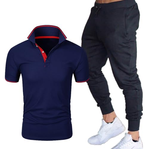Bauzuoyo Conjunto de chándal para hombre, cuello alto, camisa de manga corta, pantalones para el tiempo libre, 2 piezas, traje deportivo monocolor, ligero, con tira de botones, fútbol, baloncesto,