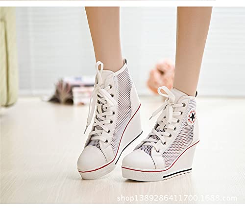 Women's Sneaker Shoes High Heel Fashionable Canvas Shoes High Tube Lace Up Wedge Edge Zipper Slope Angle Shoes Size 4-113