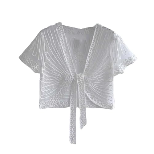 FWSHANGMAO Ladiery Shrug,Women'S Short Sleeve Shrug Summer Crochet Floral Lace Bolero Cardigan Mesh Black Embroidery Jacket Front Tie Elegant Shoulder Jacket See Through Cover-Up For Dresses,White,L