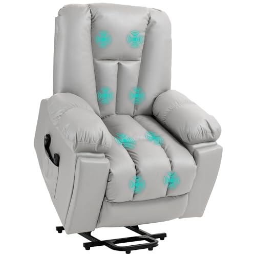HOMCOM Riser and Recliner Chair for the Elderly, Quick Assembly, Lift Chair with Vibration Massage, Remote Control, Side Pockets, Pocket Spring, Cup Holder, Light Grey