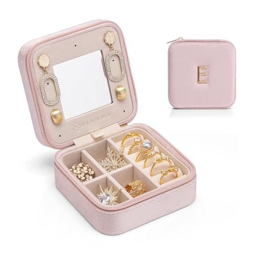Vlando Small Travel Jewelry Box Organizer Display Case for Rings Earrings Necklaces Storage, Selected Soft Velvet, Letter E Engraved, Pink