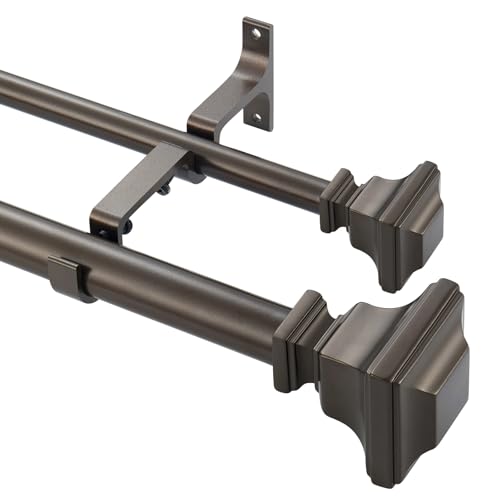Double Curtain Rod, 1 inch Adjustable Heavy Duty Drapery Double Rod for Window 144 to 164 Inches (12-13.6Feet), Vintage Square Finials,Premium Aluminum Brackets,Antique Bronze
