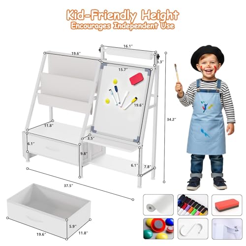 Faesun 4-in-1 Art Easel for Kids, Wooden Kids Easel with Storage,Toddler Drawing Board with Magnetic Whiteboard & Paper Roll & Drawing Accessories, White Board for Kid Ages 2-8 Birthday Gift