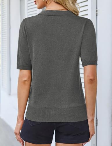 Kate Kasin Short Sleeve Sweaters for Women, V Neck Knit Tops, Business Casual Polo Shirts Dark Grey M — view 3