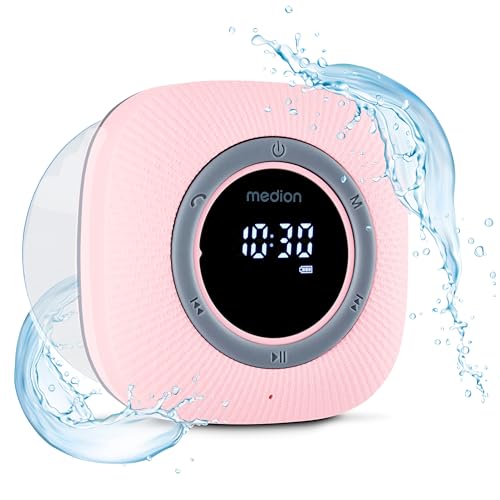 MEDION S66884 Duschradio mit Bluetooth (Badradio, UKW Radio, Saugnapf, LED-Display, IPX6 Wasserdicht, integrierter Akku, MD43884) pink