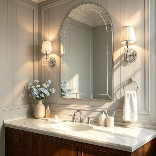 Image of MOON MIRROR Arched Mirror for Bathroom, Bathroom Mirrors for Over Sink, 26x38 inch Brushed Nickel Non-Rusting Vanity Mirror in Delicate Tessellated Glass Design