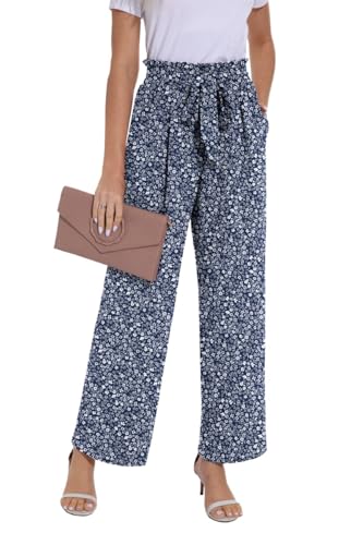 PrinStory Trousers For Women UK Elasticated Waist Lightweight Summer Pants Causal Wide Leg Palazzo Trousers Beach Work (Blue White Flower, XL)